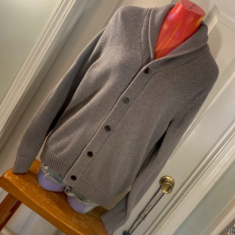 Chaps Gray Heathered Cardigan Sweater with Shawl Collar